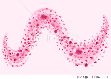 Pink sakura petals and flowers trail. Abstract cherry, rose or peach blossom particles flying in magic wind. Stock vector illustration in realistic style. 114821024