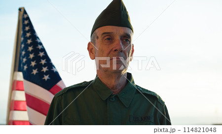Military Veteran Man For Independence Day Celebration Against American Flag Military Veteran Man For Independence Day Celebration Against American Flag 114821048