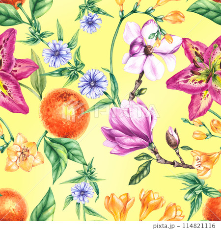 Watercolor botanical pattern with flowers and fruits 114821116