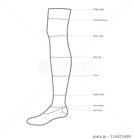 Diagrams of sock length with text names. Hosiery Fashion accessory clothing technical illustration. Vector side view 114821499