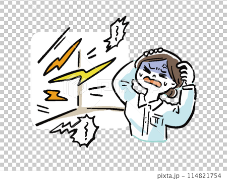 隣の部屋の騒音にイライラする女性の漫画風イラスト 114821754