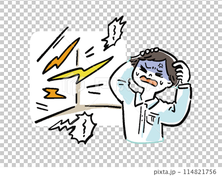 隣の部屋の騒音にイライラする男性の漫画風イラスト 114821756