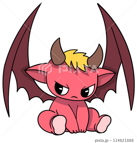 mini red devil is sitting holding back angerのイラスト素材