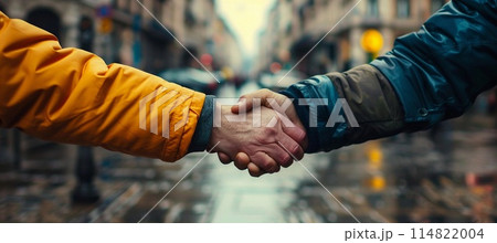 handshake of two homeless men on a city street 114822004