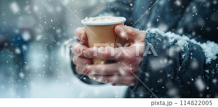 hands of a homeless man holding a paper glass of hot water 114822005