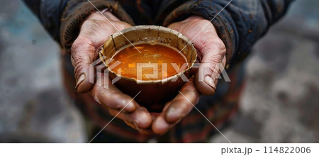 hands of a homeless man holding hot instant soup in a small paper bowl  114822006