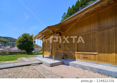 春の島根県松江市の加賀神社(かかじんじゃ)拝殿を見る 114822158
