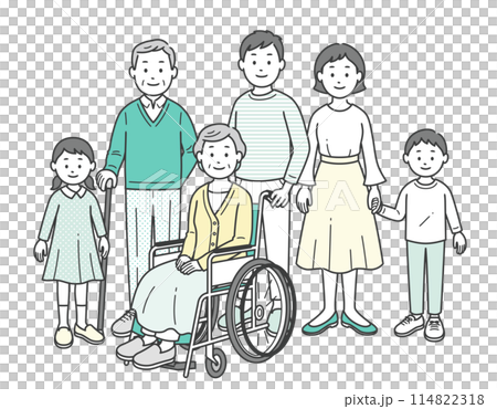 A full-body illustration of a three-generation family assisting a wheelchair-bound grandmother A full-body illustration of a three-generation family assisting a wheelchair-bound grandmother 114822318
