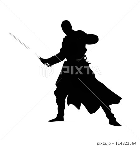 Black silhouette of a samurai on white background. 114822364