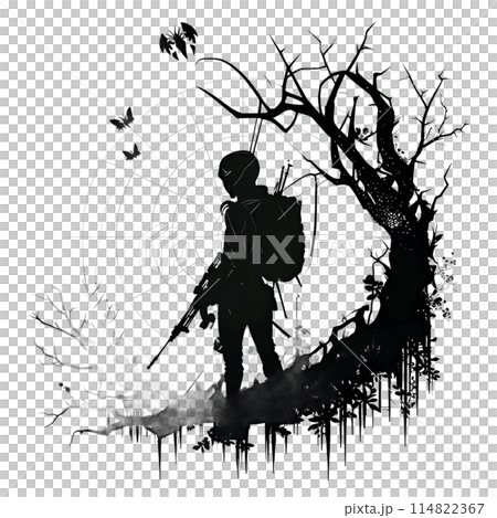 Black silhouette of a sniper on white background. Black silhouette of a sniper on white background. 114822367