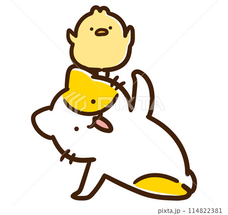 ストレッチしながらひよこを頭に乗せるかわいいねこのキャラクターのコミカルなイラスト ストレッチしながらひよこを頭に乗せるかわいいねこのキャラクターのコミカルなイラスト 114822381