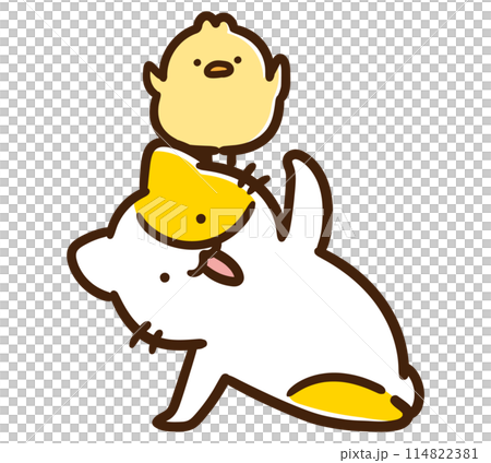 ストレッチしながらひよこを頭に乗せるかわいいねこのキャラクターのコミカルなイラスト ストレッチしながらひよこを頭に乗せるかわいいねこのキャラクターのコミカルなイラスト 114822381