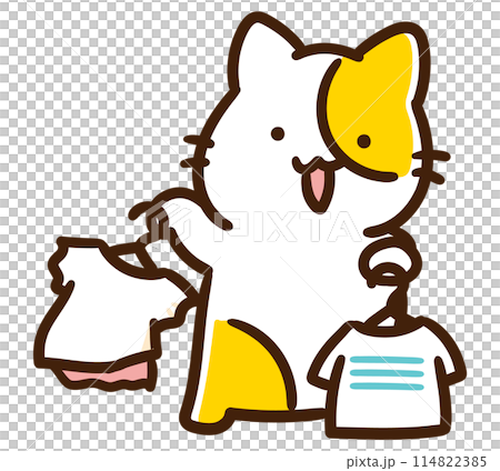 A deformed illustration of a cute cat character choosing clothes in a store 114822385