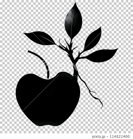 Black silhouette of a tree with apples on grey background. 114822400