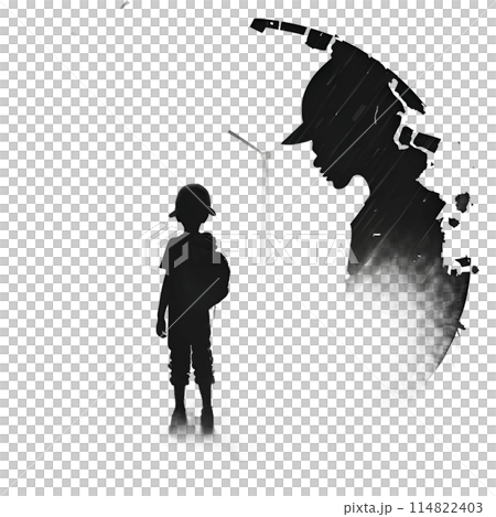 Black silhouette of a boy and the destroyed city on white background. Black silhouette of a boy and the destroyed city on white background. 114822403
