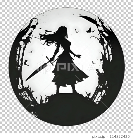 Black silhouette of a girl with sword on white background. Black silhouette of a girl with sword on white background. 114822420