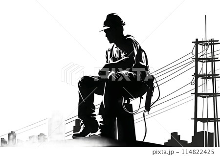 Black silhouette of a electrician on white background. 114822425