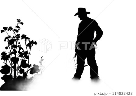 Black silhouette of a gardener on white background. 114822428