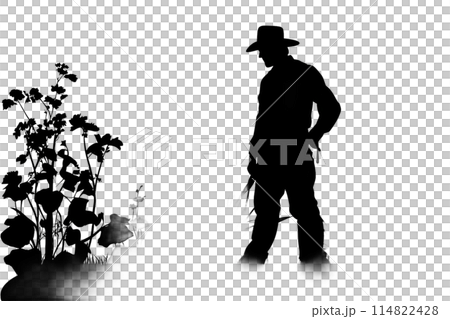 Black silhouette of a gardener on white background. 114822428