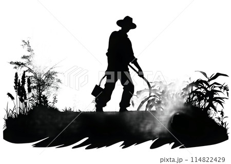 Black silhouette of a gardener on white background. 114822429
