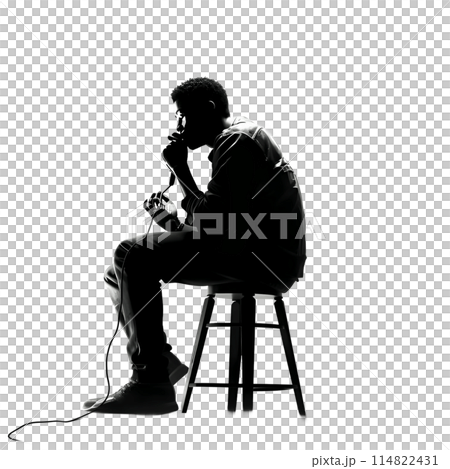 Black silhouette of a sitting boy with a microphone on white background. 114822431