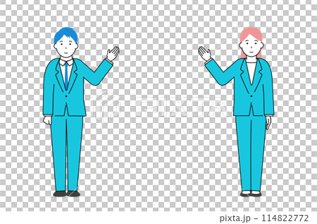 商人和女商人指向並伸展雙手的插圖 114822772