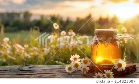 A jar of delicious honey on a background of a chamomile field with copyspace 114823007