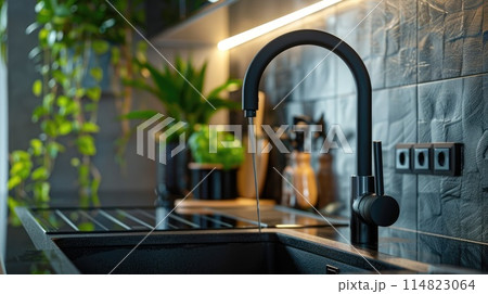 Black stylish faucet in the kitchen in a modern interior 114823064