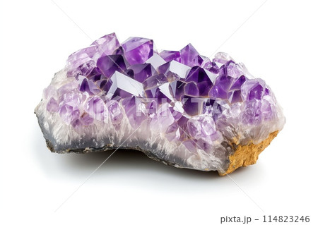 Amethyst quartz geode close up. Stone crystals isolated on white background Amethyst quartz geode close up. Stone crystals isolated on white background 114823246
