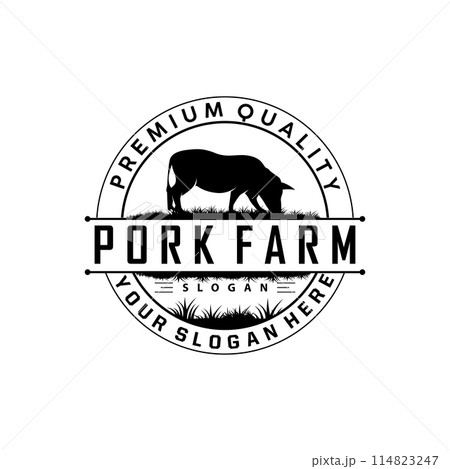 Pig logo grilled pork pig simple rustic stamp vector emblem livestock barbecue BBQ vintage design inspiration 114823247
