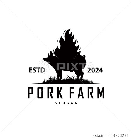 Pig logo grilled pork pig simple rustic stamp vector emblem livestock barbecue BBQ vintage design inspiration 114823276