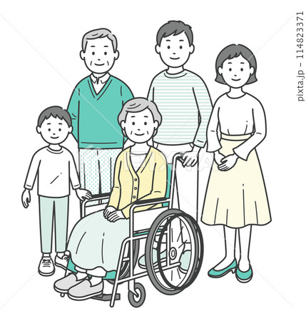 車いすのお婆さんを介助する三世代家族が集合した全身イラスト 114823371