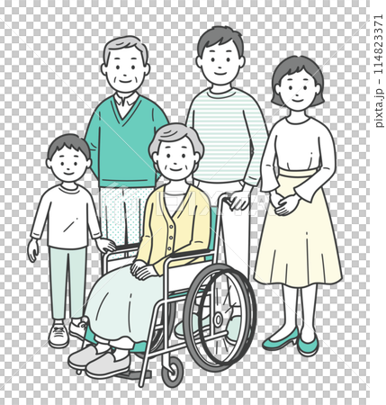 車いすのお婆さんを介助する三世代家族が集合した全身イラスト 114823371