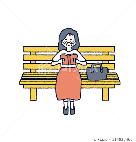 ベンチに座って本を読むシニア女性のイラスト 114823463