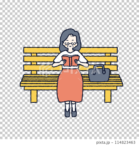 ベンチに座って本を読むシニア女性のイラスト 114823463