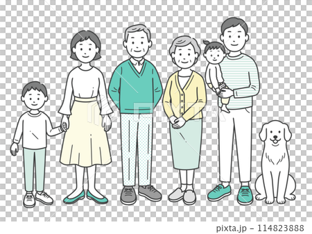 Full body illustration of three generations of family and pets 114823888