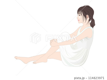 片膝を立てて座る若い女性イラスト 114823971