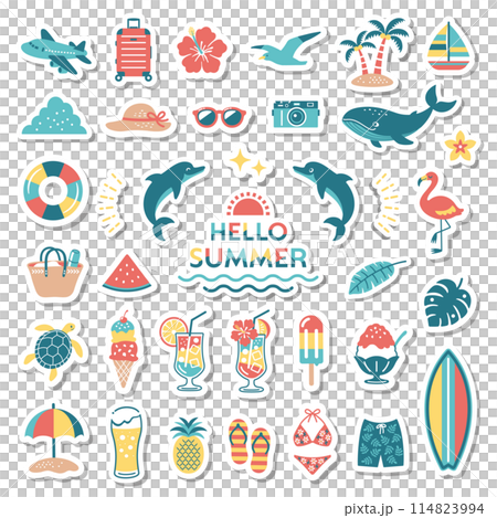 Simple illustration set of summer and sea, beach, summer vacation, travel, tropical, swimming, decoration 114823994