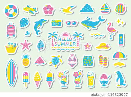 夏・海のシンプルなイラストセット　ビーチ　夏休み　旅行　南国　海水浴　飾り　装飾 114823997