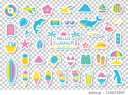 夏・海のシンプルなイラストセット　ビーチ　夏休み　旅行　南国　海水浴　飾り　装飾 114823997