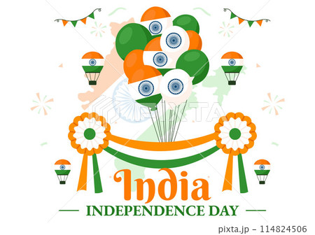 Happy Independence Day India Vector Illustration on 15th August with the Indian Flag in a National Holiday Flat Cartoon Style Background Happy Independence Day India Vector Illustration on 15th August with the Indian Flag in a National Holiday Flat Cartoon Style Background 114824506