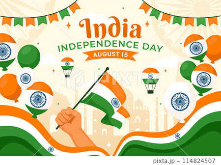 Happy Independence Day India Vector Illustration on 15th August with the Indian Flag in a National Holiday Flat Cartoon Style Background Happy Independence Day India Vector Illustration on 15th August with the Indian Flag in a National Holiday Flat Cartoon Style Background 114824507