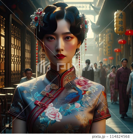 Elegance Amidst the Cityscape , 1930s Chinese woman with cheongsam with Generative AI. 114824568