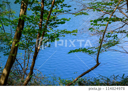 青い湖面の宮ケ瀬ダム風景 114824978