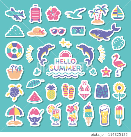 夏・海のシンプルなイラストセット　ビーチ　夏休み　旅行　南国　海水浴　飾り　装飾 114825125