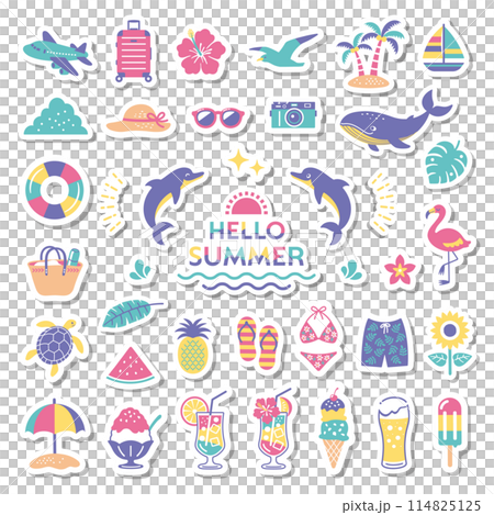 夏・海のシンプルなイラストセット　ビーチ　夏休み　旅行　南国　海水浴　飾り　装飾 114825125