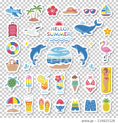 Simple illustration set of summer and sea, beach, summer vacation, travel, tropical, swimming, decoration 114825126