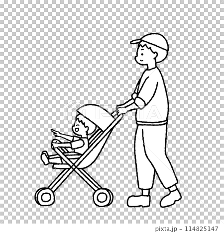 Monochrome illustration of a father walking while pushing a stroller Monochrome illustration of a father walking while pushing a stroller 114825147