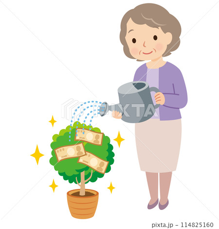 お金のなる木に水をやる高齢者女性 資産運用 老後資金 お金のなる木に水をやる高齢者女性 資産運用 老後資金 114825160
