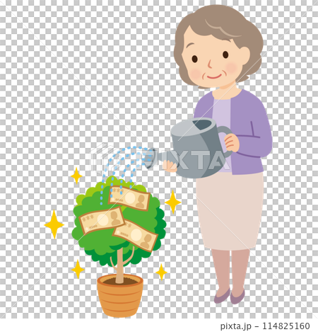 お金のなる木に水をやる高齢者女性 資産運用 老後資金 お金のなる木に水をやる高齢者女性 資産運用 老後資金 114825160